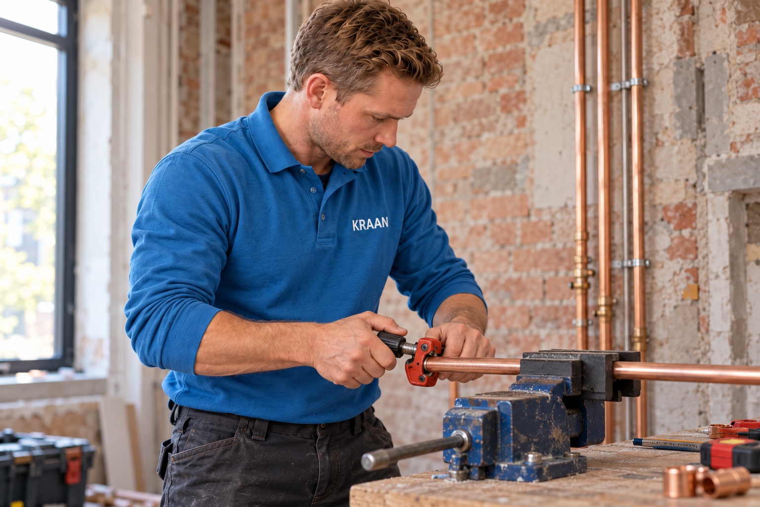De KRAAN-loodgieter maakt aan een werkbank een koperen leiding op maat voor een renovatie