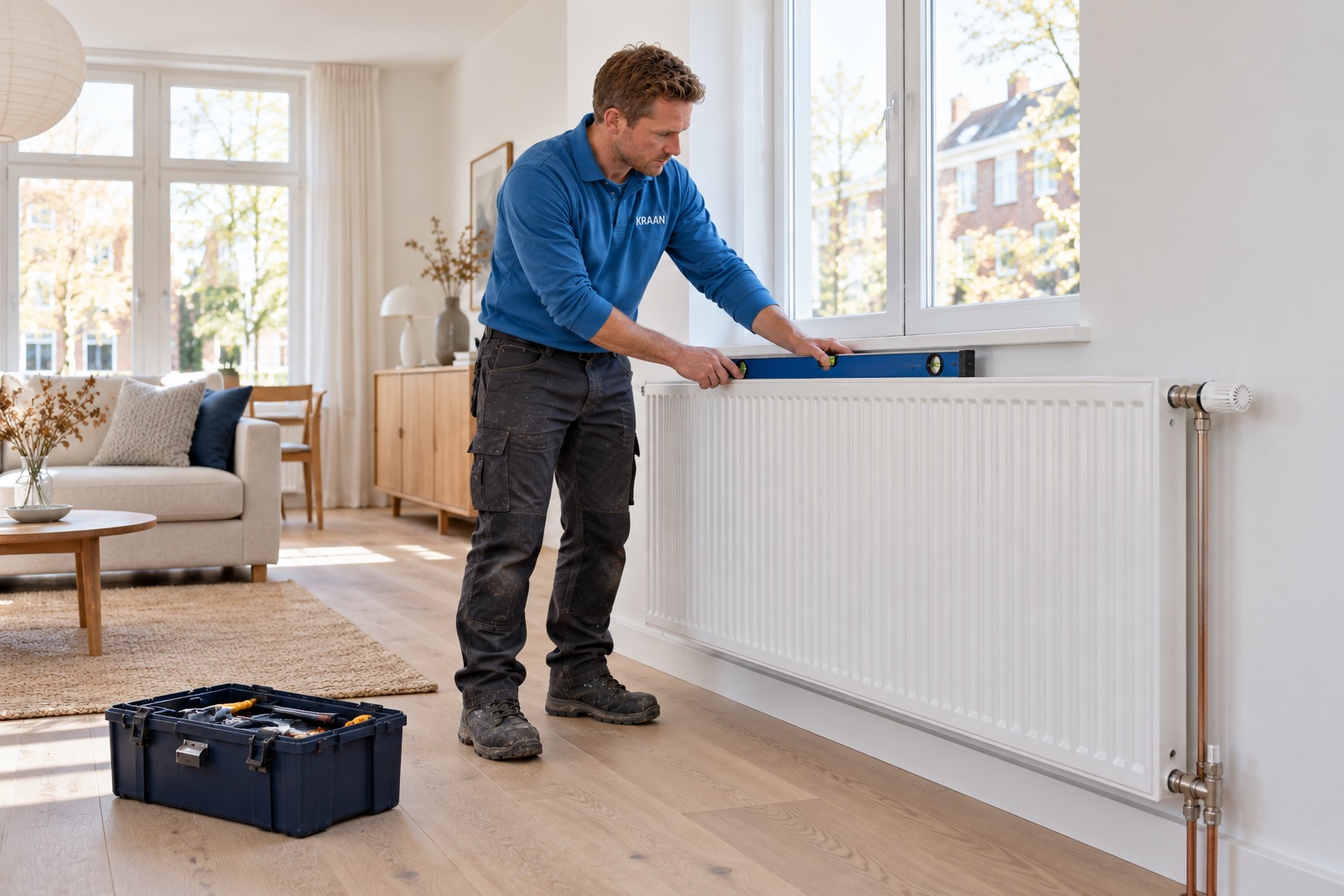 De KRAAN-loodgieter controleert met een waterpas een radiator in een lichte woonkamer